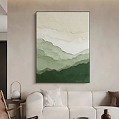 abordables Pinturas abstractas-Regalo de Navidad: pinturas abstractas hechas a mano en tonos verde y beige, pintura de montaña, pinturas de paisaje verde, arte mural, gran panorama minimalista de valle, pintura al óleo