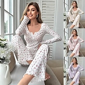 billige Søvnoverdeler og -nederdeler for kvinner-Dame Pyjamas Sett Fritid Komfort Blomstret Elastisk midje Bukse Hjem Daglig Langermet U-hals Hvit Gul Rosa Lilla Vår Høst Normal