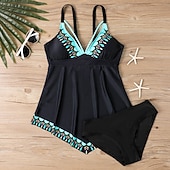 baratos Tankinis-Mulheres Roupa de Banho 2 partes Slip roupa de banho Frente Única Férias Roupa de Praia Floral Decote V Sem Manga Fatos de banho