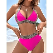 رخيصةأون أطقم البيكيني-ملابس سباحة نسائية بيكيني قطعتين م تفادي بالألوان المتباينة نحيف بدون ظهر إجازة ملابس شاطئية بلون موحد على شكل هالتر بدون أكمام