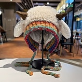 billiga uppvärmning avkylning-festlig jul fårhornhatt kvinnor vinterplyschstickad mössa söt koreansk stil varm ullhatt mysig fleecekeps för semesterfest utomhuskläder