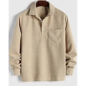 preiswerte Herren Popover Hemden-Herren Hemd Popover-Hemd Freizeithemd Strandhemd Cordhemd Braun Grün Dunkel Blau Aprikose Langarm Einfarbig Revers Urlaub Lässig Tasche Bekleidung Mode Lässig Bequem