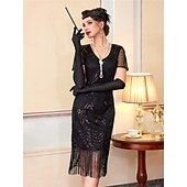cheap 1920s Dresses-Roaring 20s 1920s Knee Length Flapper Dress Short Sleeves The Great Gatsby Sequins Fringe V Neck Fancy Dress Women's Christmas Carnival speakeasy Masquerade Retro Theme Party Adults' Dress