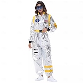  カップル用宇宙飛行士コスチューム ジャンプスーツ カーニバルコスチューム ワンジー マスク付き グループコスチューム 男性用 女性用 シルバー 宇宙服 刺繍パッチ付き