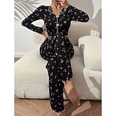 preiswerte Damen Schlafoberteile und -unterteile-Damen Schlafanzug Set Lässig Komfort Blumen Elastischer Bund Hose Heim Täglich Langarm V Ausschnitt Blau Schwarz Weiß Rosa Frühling Herbst Normale Passform