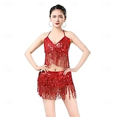 preiswerte Oberteile &amp; Sets-Samba Tanzmode Damen Strahlendes Silber Pailletten Fransen 2 Stück Set - Halter Crop Top  Rock Outfit  Rave Partysl Performance Kostüm