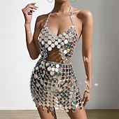 economico Top e Set-Abbigliamento da ballo Samba Mini dress con paillettes lucide da donna – Outfit senza schiena a collo alto in disco metallico per festa nightclub rave|l Costume da spettacolo
