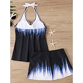 tanie Tankini-Kostium kąpielowy dwuczęściowy tankini dla kobiet spódnica kontrola brzucha wysoki stan wąski bez pleców wakacyjny strój na plażę ombre halter bez rękawów