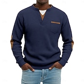 billiga Casual Henley T-shirt-Herr Våffeltröja Waffle Henley Shirt Herrskjortor med armbågslappar Långärmad V-hals Henley Höst vinter Vår &amp; Höst Ensfärgat Mode Grundläggande Ledigt falska två stycken Ledigt Gata Sport Grå Topp
