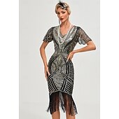 preiswerte 1920er Kleider-Goldene Zwanziger 1920er Knielang Flapper Kleid Kurze Ärmel Der große Gatsby Flapper-Mädchen Pailletten Fransen V Ausschnitt Kostüm Damen Weihnachten Karneval Abendgesellschaft Flüsterkneipe Maskerade
