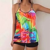 cheap Tankinis-Women's Swimwear 2 Piece Shorts Swimsuit Backless Vacation Beach Wear Graphic Color Block V Neck Sleeveless Bathing Suits