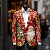 preiswerte Weihnachtsmann-Outfit-Weihnachten Herren Weihnachtsmann Weihnachtsbaum Blazerjacke Mantel Bequem Künstlerisch Lässig Party-Abendmode Täglich Festival 3D-Druck Knöpfe Herbst Winter Fallendes Revers Langarm Blau Weiß Rote