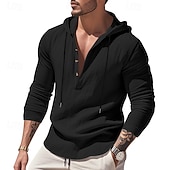 cheap Men's Popover Shirts-Men's Shirt Popover Shirt Summer Shirt Casual Shirt Beach Shirt Black White Yellow Navy Blue khaki Long Sleeve Solid Color Hooded Vacation Casual Drawstring Clothing Apparel Fashion Casual Comfortable