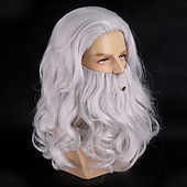 abordables Pelucas de fiesta-Peluca y barba largas y rizadas blancas para hombre, disfraz de anciano Papá Noel, mago o cosplay.