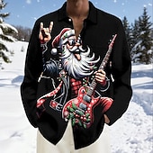 economico Vestito da Babbo Natale-Natale Per uomo Babbo Natale Chitarrista natale divertente Camicia Camicia con Bottoni Manica Lunga Divertente Ferie Primavera Autunno Collo ripiegato Stampa 3D camicie con colletto Una tasca