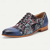 cheap Elemental Dress Shoes-Men's Black Leather and Floral Pattern Lace-up Shoes - Fashion-forward Footwear for Semi-formal Gatherings, Evening Parties and Trendy Casual Wear