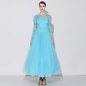 cheap Standard  Ballroom-Women's Elegant Turquoise Ballroom Dance Dress Lace Long Sleeve Boat Neck Waltz Tango Modern Rumba Practice Performance Gown