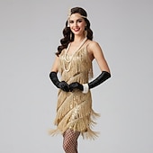 baratos Vestidos dos anos 1920-Conjunto Loucos anos 20 Anos 20 Mini Vestido melindroso Roupa Festa a Fantasia com acessórios Sem Mangas O Grande Gatsby Convidado do casamento Franjas Côr Sólida Franjas Decote V Fantasia Mulheres