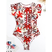 levne Jednodílné plavky-Dámské jedndílné plavky zeštíhlující zip přední palm monokini kontrola břicha vysoký pas slim dovolená plážové oblečení květinové listy kulatý výstřih krátké rukávy plavky