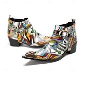 halpa Ensiluokkaiset nahkasaappaat-Miesten värikkäät ja taiteelliset aidosta nahasta valmistetut nilkkurit - monivärinen muotoilu vetoketjulla ja kiiltävillä metallisilla yksityiskohdilla, ihanteellinen muodikkaaseen vapaa-ajan käyttöön ja erityistilaisuuksiin