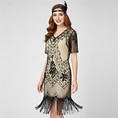 economico Abiti degli anni '20-Anni Ruggenti Anni 1920 Lunghezza al ginocchio Vestito Abito Flapper Abito da Ballo Maniche corte Il grande Gatsby Charleston Invitato al matrimonio Paillettes Frangia con nappe Scollo a V Costume