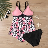 baratos Tankinis-Mulheres Roupa de Banho 2 partes Slip roupa de banho Frente Única Férias Roupa de Praia Floral Decote V Sem Manga Fatos de banho