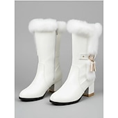 Χαμηλού Κόστους Χερευτές και χειμερινές μπότες-γυναικείες μπότες στη μέση της γάμπας με διακοσμημένο με γούνα από λευκό δέρμα με φερμουάρ στο πλάι, γούρι με φούντα και μπλοκ τακούνι για χειμερινή μόδα και εξωτερική χρήση