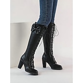 preiswerte Modische Stiefel-Rote, kniehohe Schnürstiefel für Damen mit Schleifendetail – stylische Stiefel mit Blockabsatz für Herbst und Winter