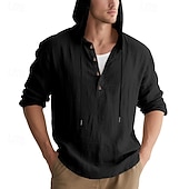 cheap Men's Popover Shirts-Men's Shirt Popover Shirt Summer Shirt Casual Shirt Beach Shirt Black White Yellow Navy Blue khaki Long Sleeve Solid Color Hooded Vacation Casual Drawstring Clothing Apparel Fashion Casual Comfortable