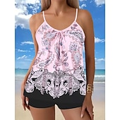 billiga Tankinis-Kvinnors tankini 2-delad baddräkt Boho shorts mage kontroll hög midja smal rygglös semester strandkläder paisley U-hals ärmlösa baddräkter