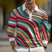 abordables Polo géométrique pour homme-Homme Bloc de Couleur Géométrique Polo manche longue Col Rabattu Occasionnel Sport &amp; Loisir Athleisure Décontracté Quotidien Fermeture éclair Impression 3D Printemps Automne Hiver Arc-en-ciel