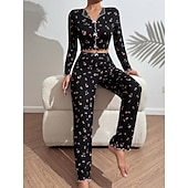 preiswerte Damen Schlafoberteile und -unterteile-Damen Schlafanzug Set Lässig Komfort Blumen Elastischer Bund Hose Heim Täglich Langarm V Ausschnitt Blau Schwarz Weiß Rosa Frühling Herbst Normale Passform