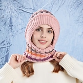 billiga varm och uppvärmd samling-3-i-1-mössa vinterstickad mössa halsduk och ansiktsmask set för kvinnor fleecefodrad varm hörselskydd mössa kallt väder cykling utomhus mysig stickad mössa för flickor