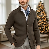 billiga cardigan tröja för män-Herr Tröja Klänning tröja Cardigan Tröja Våffelstruktur Sticka Vanliga toppar Stickat Button-Down Hög krage Klassisk Ledigt Kläder Raglanärm Höst vinter Vår Blå Röd Brun XS S M