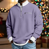 Недорогие Мужские повседневные футболки-Муж. Футболка с вафельным рисунком Футболка Длинный рукав Половина молния Осень Наступила зима Сплошной цвет Традиционный / винтаж На каждый день Цветовые блоки Карман на молнии