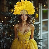 preiswerte Zubehör-Karneval 2026 Rio Karneval Samba Accessoires Karneval Federkopfschmuck für Damen - Gelbes Pailletten Kostümkopfteil - Mardi Gras Festival Schau-Mädchen Haar Zubehör Brasilien Festival