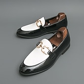 billiga Loafers-Herrloafers i vitt och blått i lack med metallspänne – trendiga skor för semiformella sammankomster och fester
