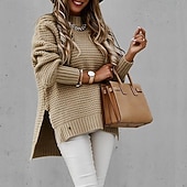 Недорогие Сплошные цвета-Жен. Вязаная ткань Мода На каждый день Чистый цвет Рельефный узор Вырез под горло Ложная шея Трикотаж Длинный рукав Обычные топы Вязать на открытом воздухе Повседневные выходные Черный Розовый