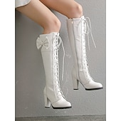 preiswerte Modische Stiefel-Rote, kniehohe Schnürstiefel für Damen mit Schleifendetail – stylische Stiefel mit Blockabsatz für Herbst und Winter