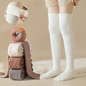 abordables Équipements de chauffage-chaussettes hautes duveteuses pour femmes, chaussettes chaudes et douces montantes jusqu'aux cuisses, chaussettes pantoufles confortables