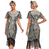 preiswerte 1920er Kleider-Goldene Zwanziger 1920er Knielang Flapper Kleid Kurze Ärmel Der große Gatsby Flapper-Mädchen Pailletten Fransen V Ausschnitt Kostüm Damen Weihnachten Karneval Abendgesellschaft Flüsterkneipe Maskerade