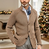 billiga cardigan tröja för män-Herr Tröja Klänning tröja Cardigan Tröja Våffelstruktur Sticka Vanliga toppar Stickat Button-Down Hög krage Klassisk Ledigt Kläder Raglanärm Höst vinter Vår Blå Röd Brun XS S M