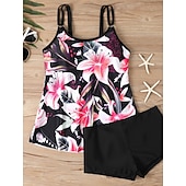 Χαμηλού Κόστους Τανκίνι-Γυναικείο Τανκίνι 2 Κομμάτια Μαγιό Σορτσάκι Έλεγχος Κοιλιάς Ψηλόμεσο Λεπτό Χωρίς Πλάτη Θέρετρο Παραλίας Ombre Λουλούδια U Λαιμός Αμάνικο Μαγιό