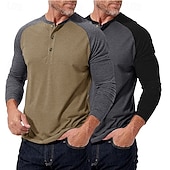 preiswerte Lässiges Henley-T-Shirt-2-teiliges Henley-Shirt für Herren, Baseball-T-Shirt, Kurzarm, Farbblock-Design, Basic, Boho-Stil, Raglanärmel, für Outdoor, Freizeit, Alltag, Sommer, Herbst, alle Jahreszeiten, schwarzes