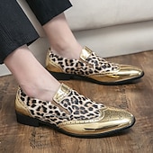 economico Mocassini-scarpe slip-on da uomo con stampa leopardata: calzature casual eleganti con dettagli dorati lucidi, ideali per feste, uscite serali ed eventi speciali