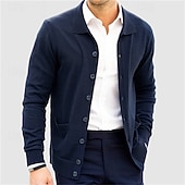 cheap Men's Cardigan Sweater-Men's Sweater Cardigan Sweater Ribbed Knit Regular Tops Knitted Plain Turndown Vacation Fashion Casual Office Clothing Apparel Spring &amp;  Fall Navy Blue S M L