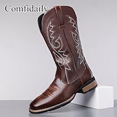 voordelige Cowboy &amp; Western Boots-Bruine cowboylaarzen van imitatieleer voor heren – klassieke westernstijl met geborduurde details, perfect voor kerstfeestjes en casual uitjes