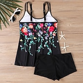 billiga Tankinis-Dam Badkläder 2 st Shorts Baddräkt Öppen rygg Semester Standkläder Blommig U-hals Ärmlös Baddräkter