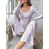 billige Søvnoverdeler og -nederdeler for kvinner-Dame Pyjamas Sett Fritid Komfort Blomstret Elastisk midje Bukse Hjem Daglig Langermet U-hals Hvit Gul Rosa Lilla Vår Høst Normal