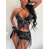 economico Top e Set-Costumi da ballo Samba Set di top corto a frange argentate e gonna mini plissettata metallizzata per donne - Outfit da festival rave per carnevale Costumi per performance